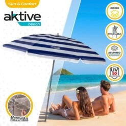 AKTIVE - Parasol Plage Avec Protection UV50, Anti-Vent, Ø 180 Cm -Plein Air Équipement Magasin aktive parasol plage avec protection uv50 anti vent o 180 cm 1